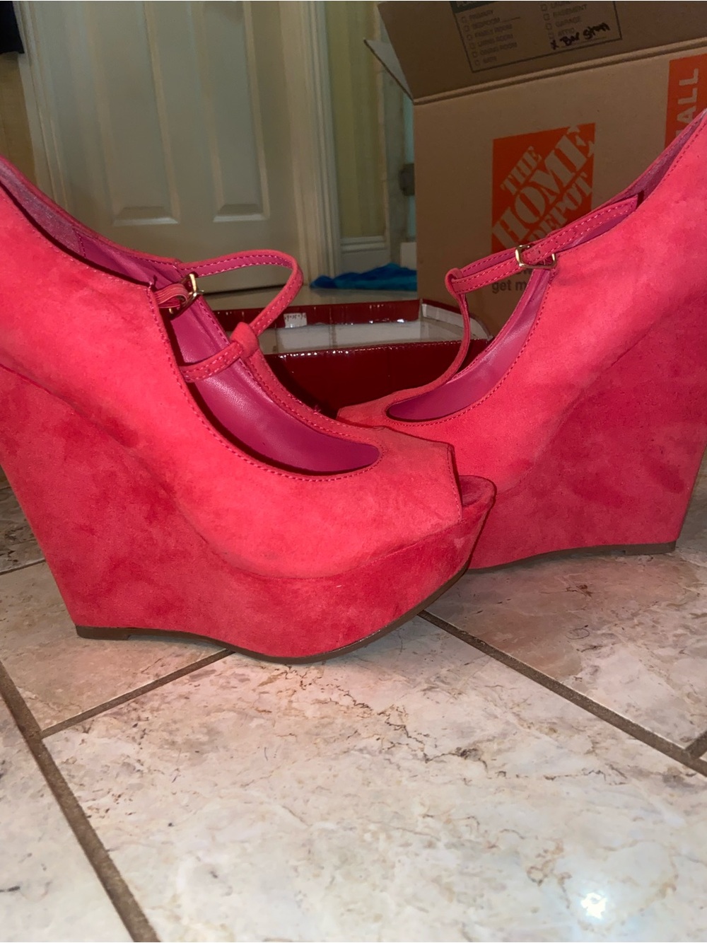 Women's Pink Suede Peep-Toe Wedge Sandals